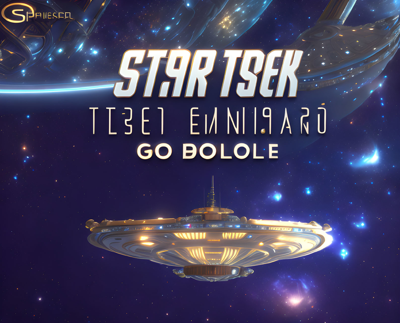 Starship in space with mirrored title text - promotional image