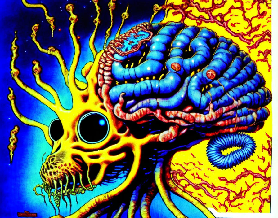 Colorful surreal artwork: brain-like entity with skull face, tentacles, yellow and blue tones