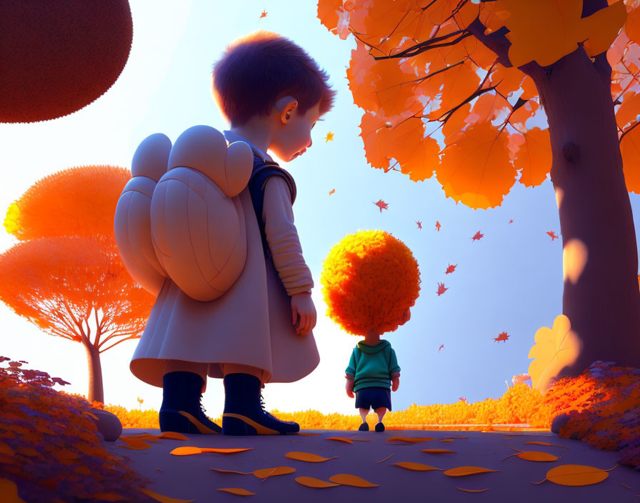 Animated children with shell backpack on vibrant orange tree pathway