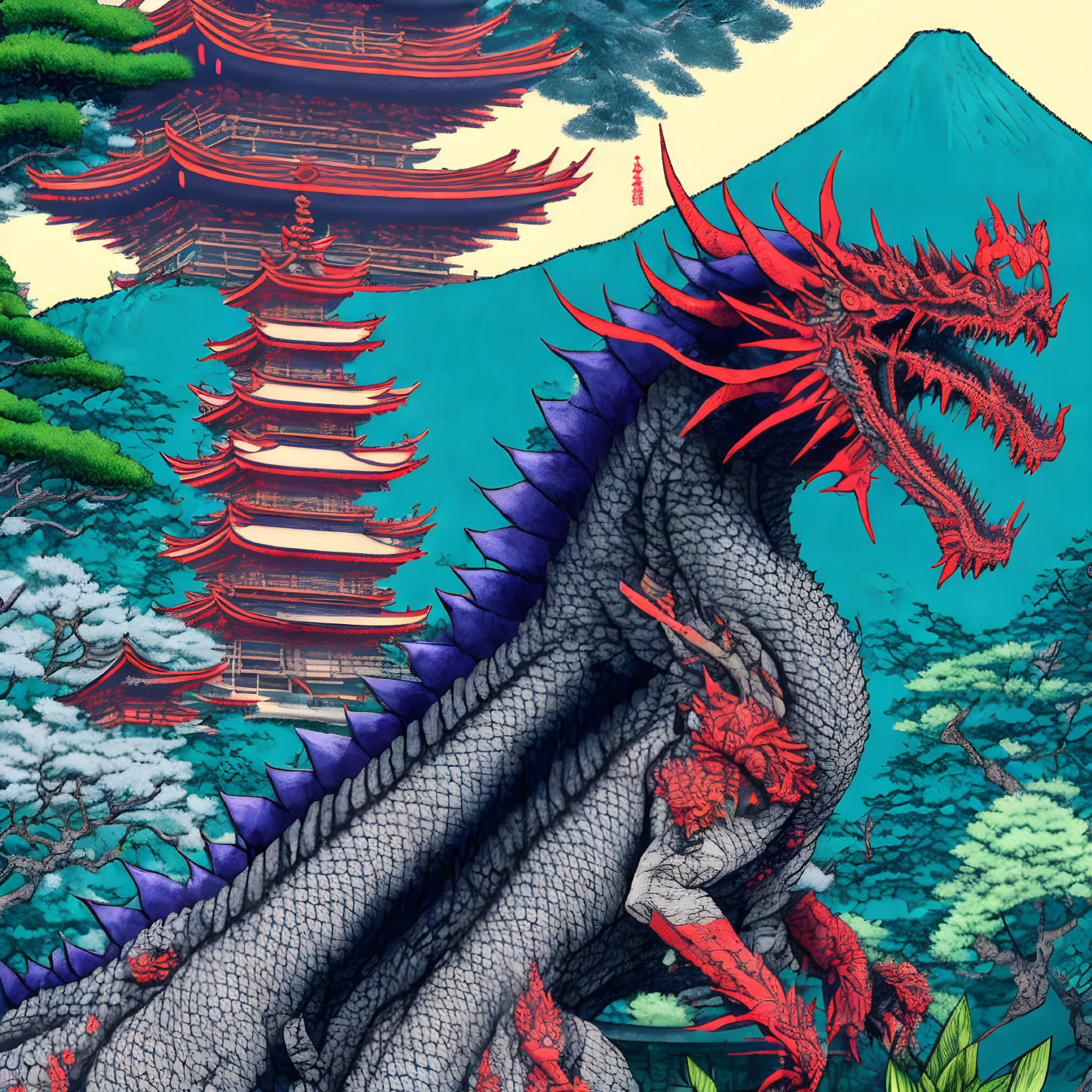 Colorful Dragon Illustration with Pagodas and Mount Fuji