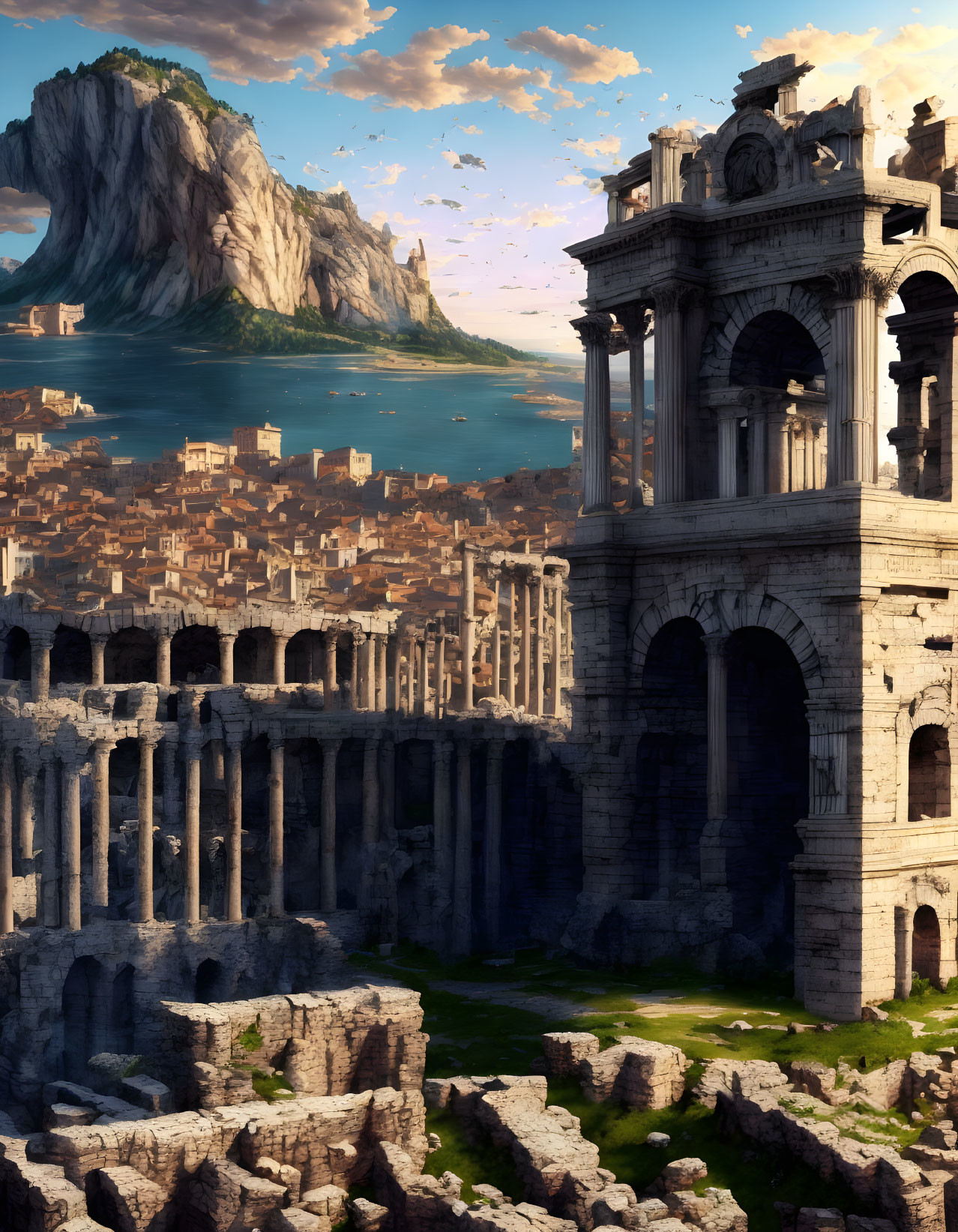 Ancient city with towering cliffs, bay, and Colosseum-like ruins