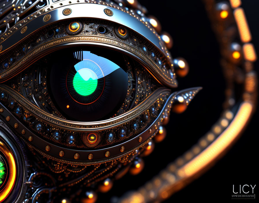 Intricate futuristic mechanical eye design in gold and blue hues