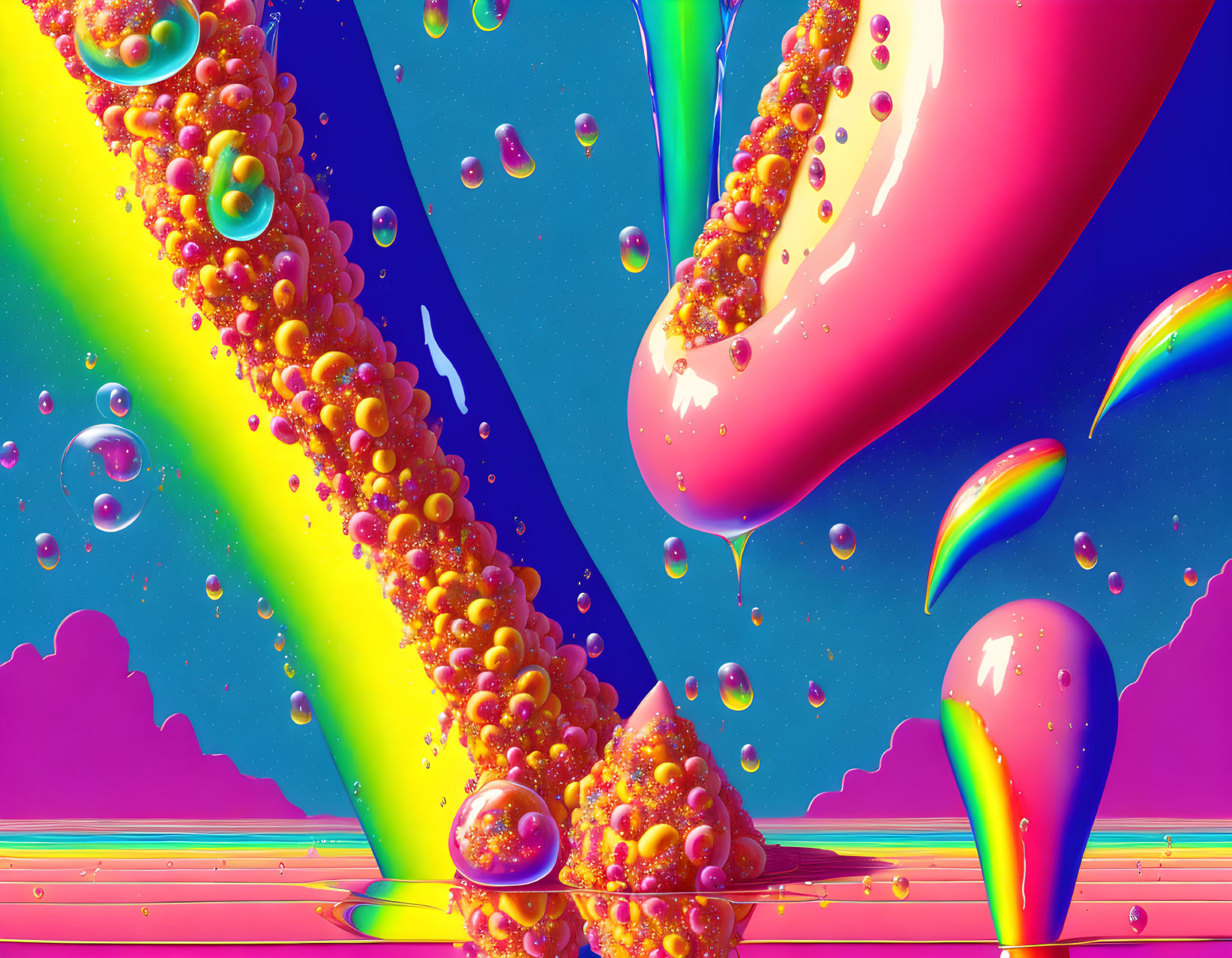 Colorful digital artwork: Pink and yellow liquids collide with bubbles and rainbow droplets in surreal setting