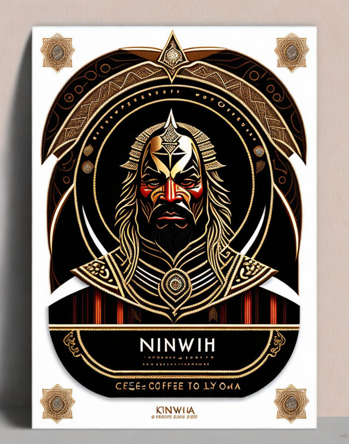 Stylized bearded warrior artwork with gold and black patterns