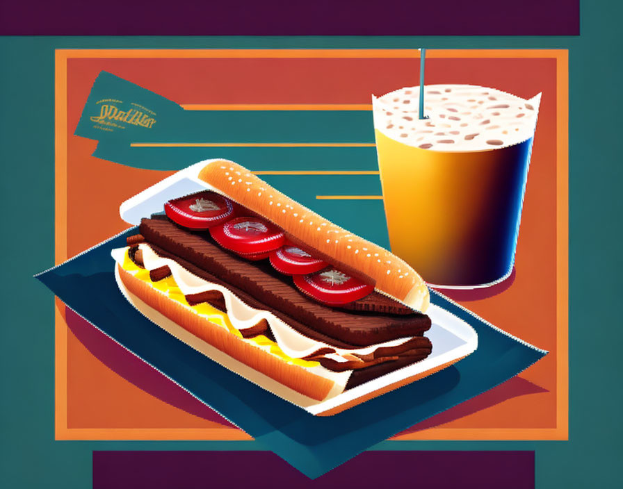 Illustration of hot dog with condiments and tomatoes on tray with cold drink