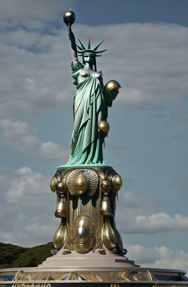 Iconic Statue of Liberty against blue sky and clouds from low angle