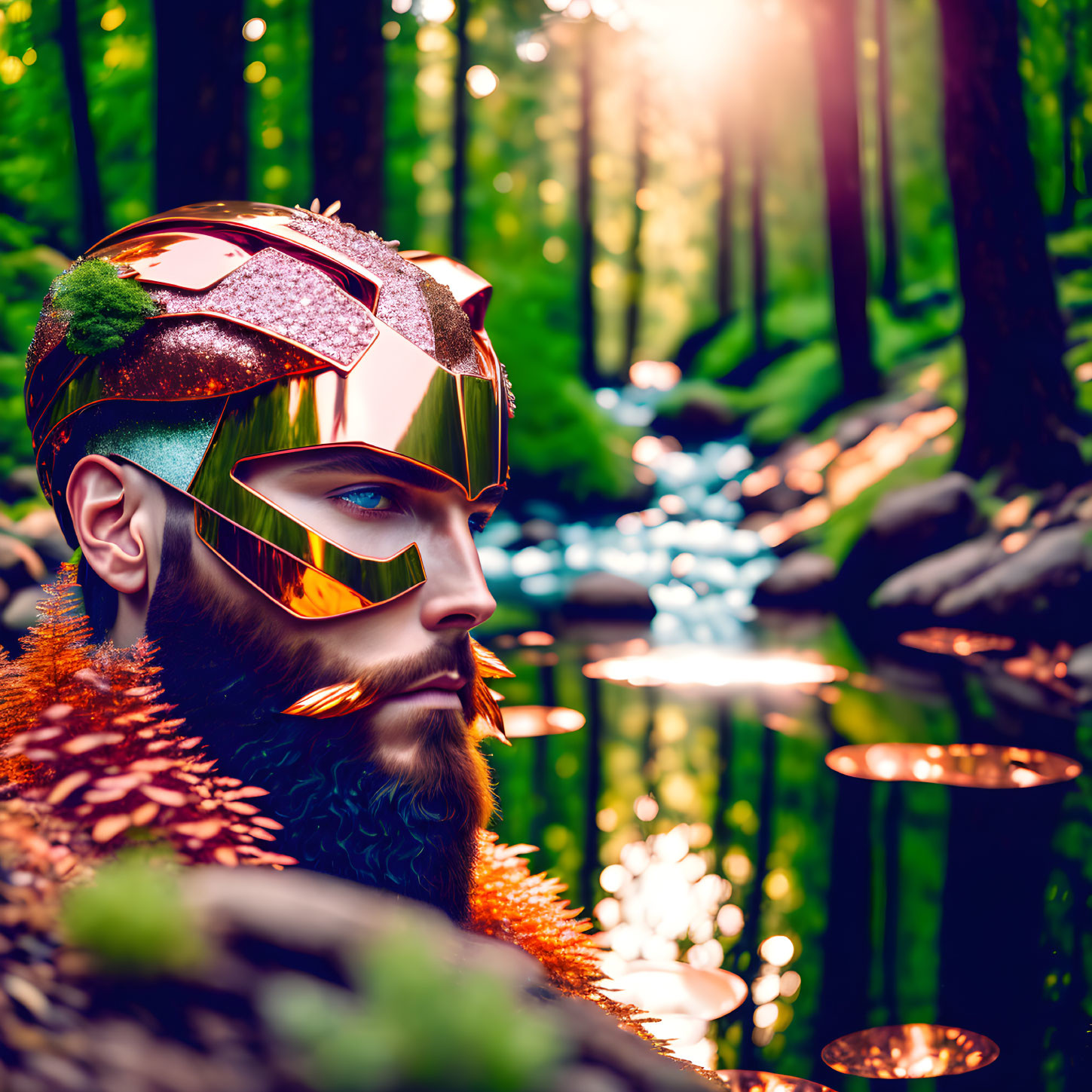 Bearded man in colorful futuristic helmet in sunlit forest