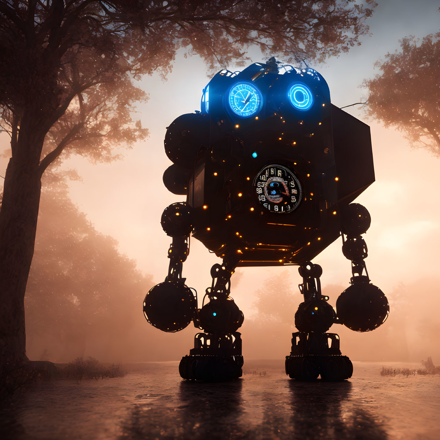 Futuristic robotic quadruped with glowing blue eyes in misty forest landscape