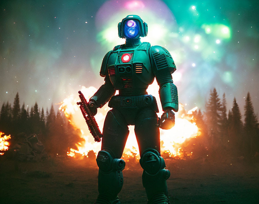 Futuristic robot soldier with glowing blue visor in forest fire under aurora borealis