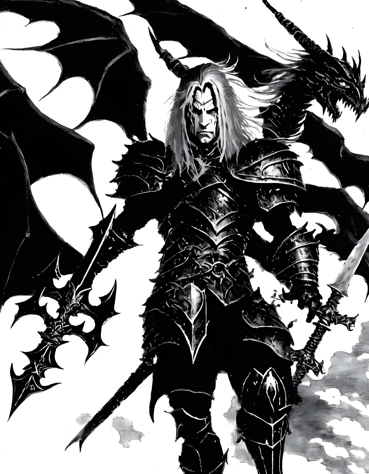 Fantasy warrior with long hair, detailed armor, spiked mace, and menacing dragon.