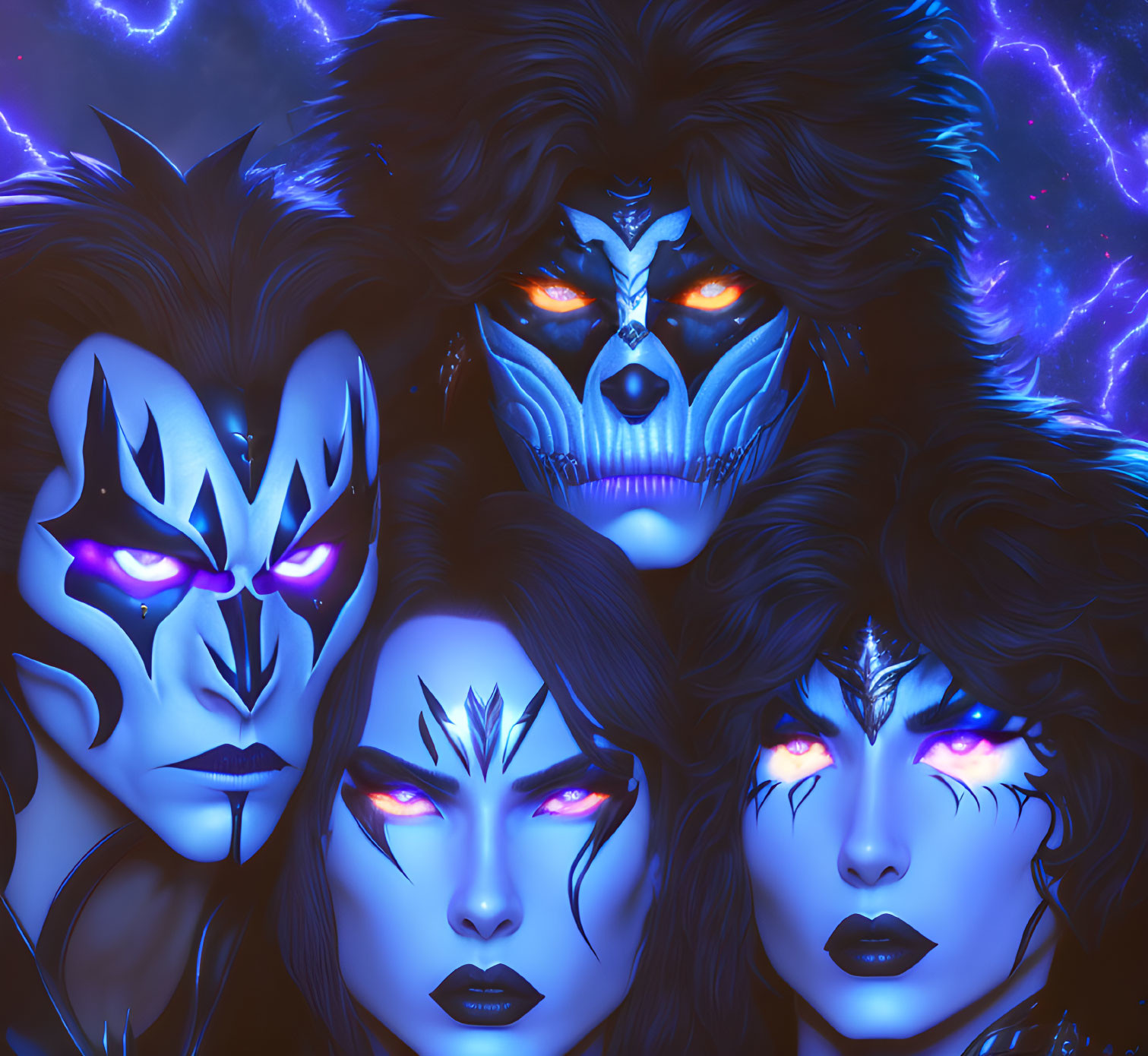 Illustration of four characters with glowing eyes, blue and purple hues, and dramatic face paint showcasing a