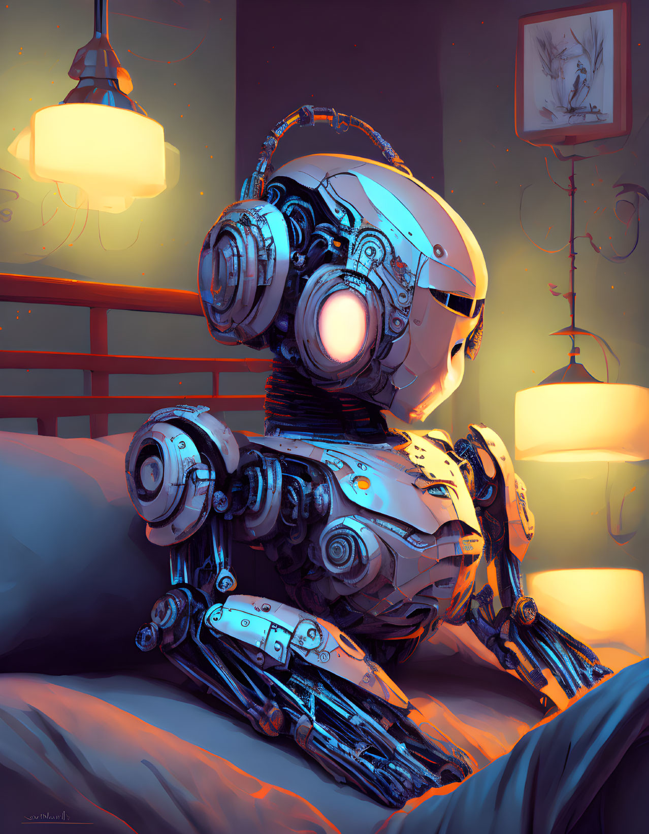 Robotic figure lounging on bed with headphones under warm lighting