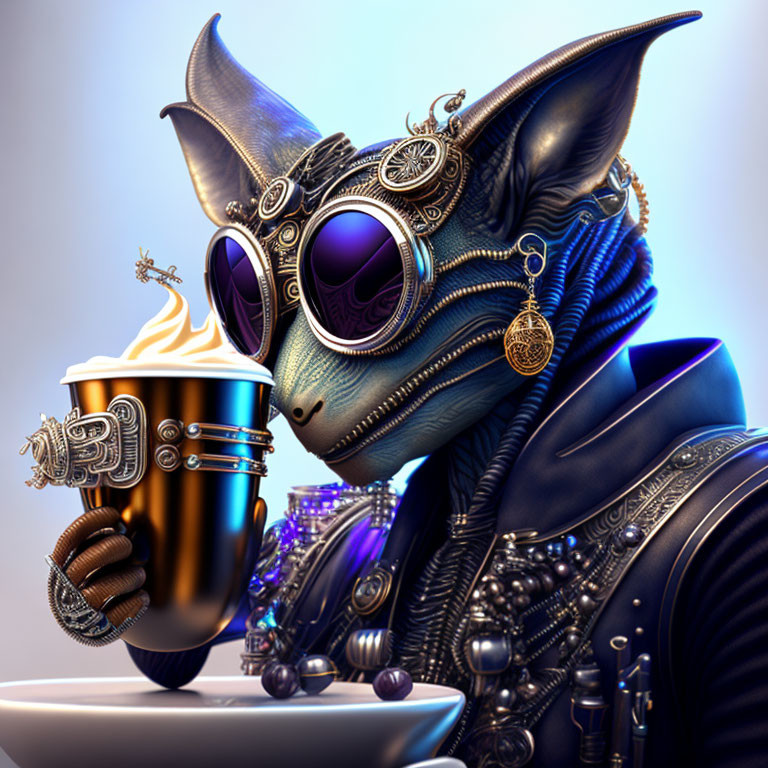 Steampunk-Inspired Cat with Metallic Features and Coffee Cup