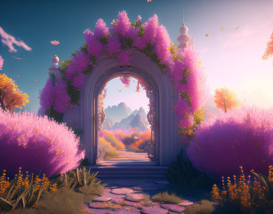 Fantasy landscape with blooming floral archway and mountains.