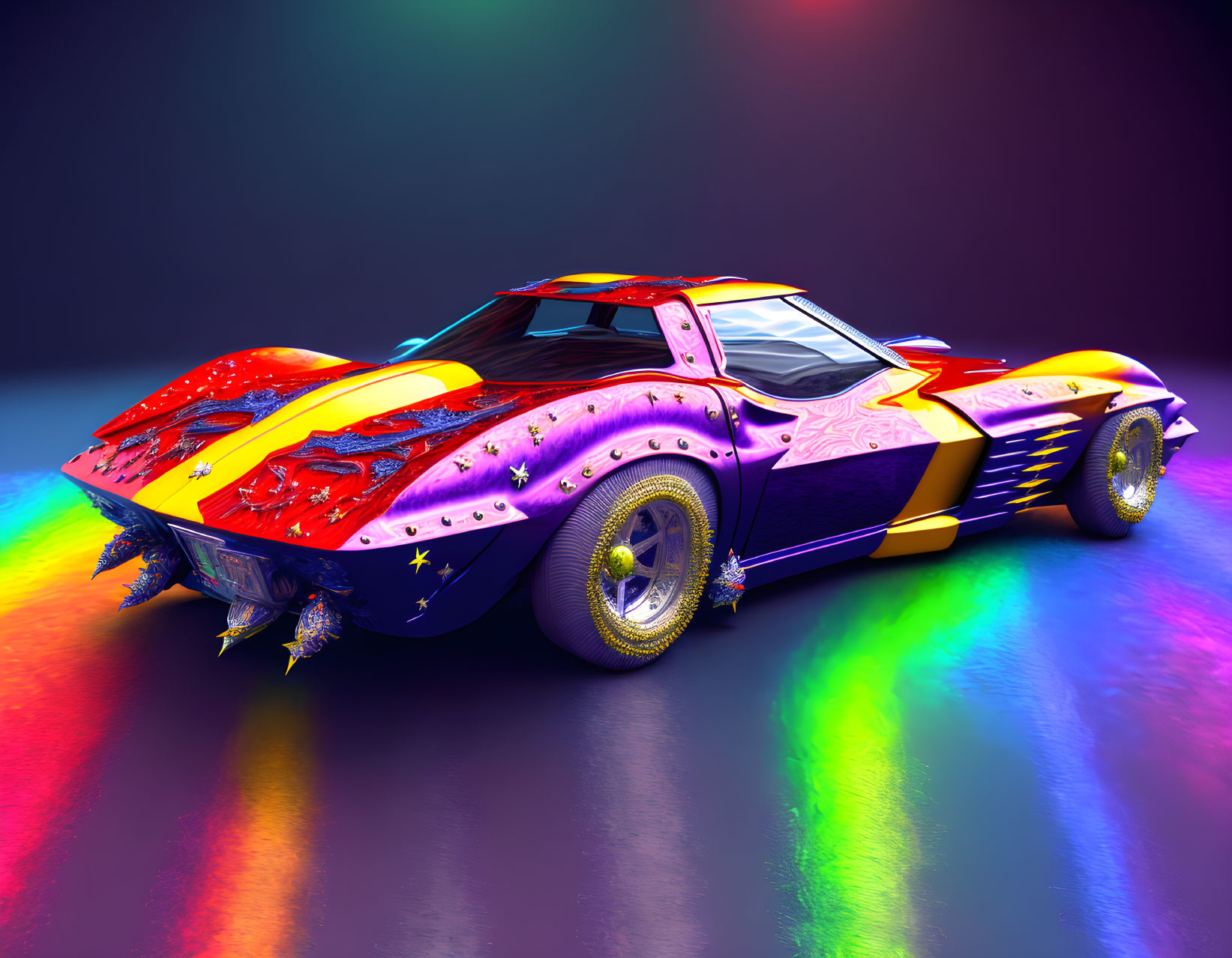 Colorful Painted Classic Sports Car with Star and Flame Motifs