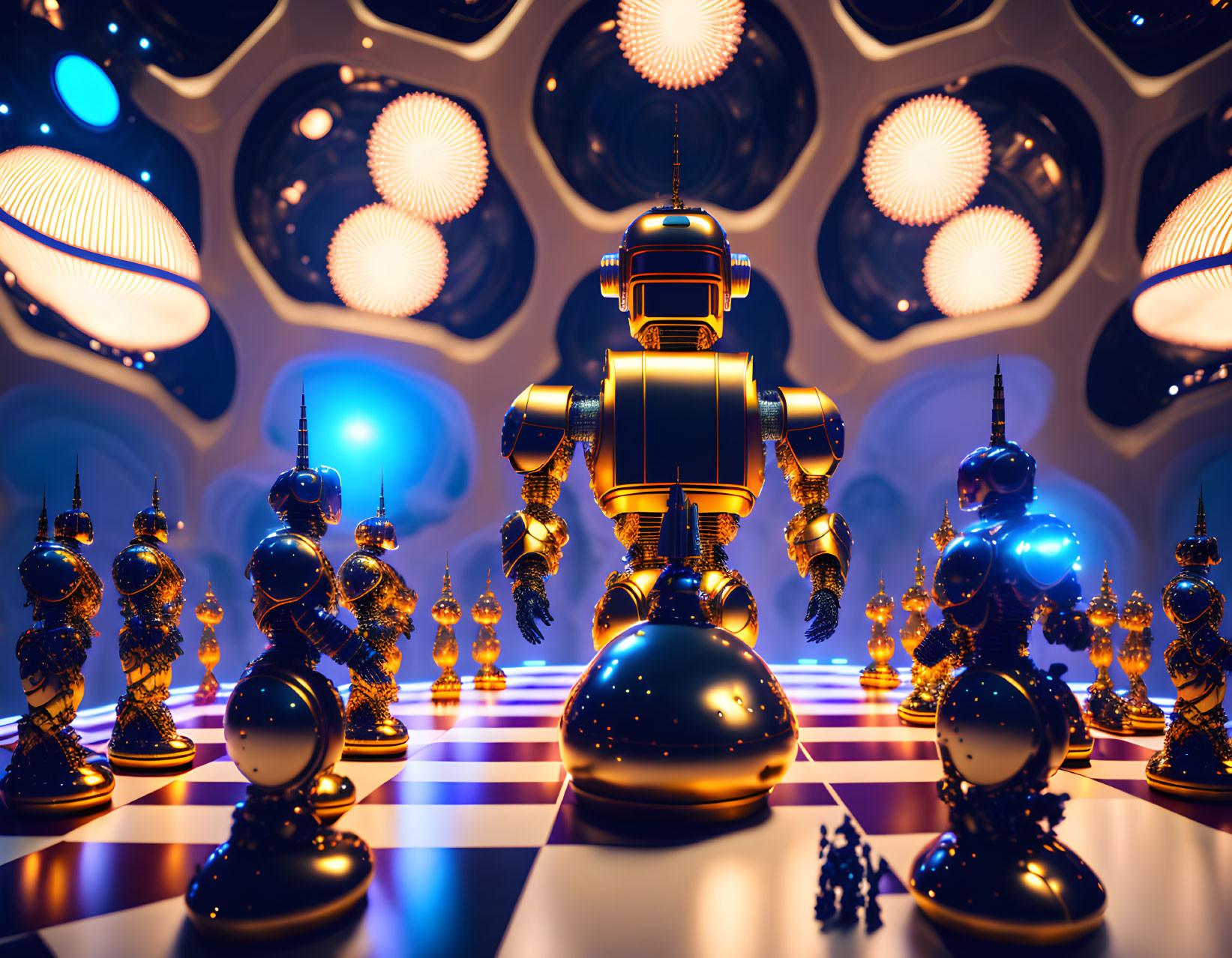 Futuristic chessboard with robotic pieces and gold robot in circular-patterned room