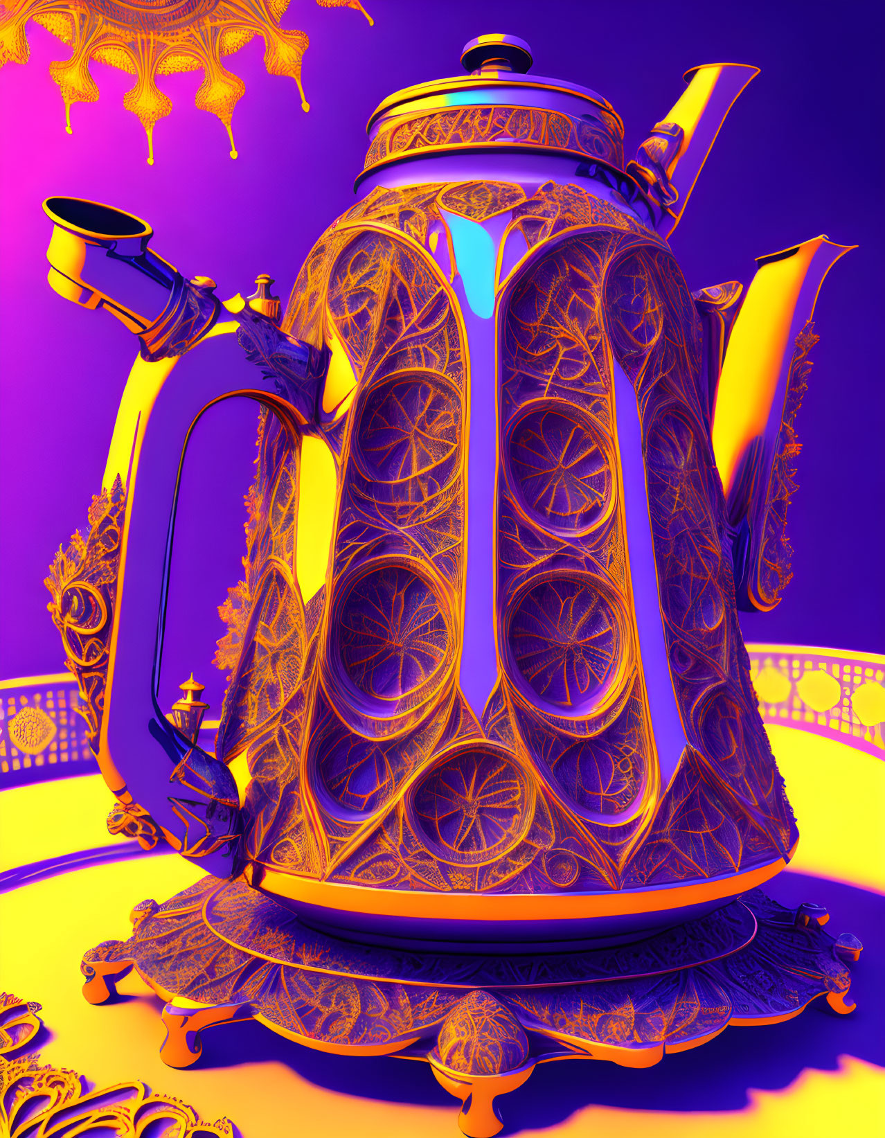 Colorful Ornate Teapot with Intricate Patterns on Purple Background