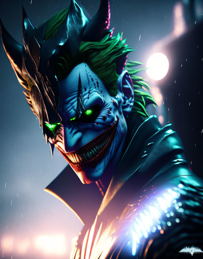 Vibrant Joker portrait with sharp features on dark blue rainy backdrop