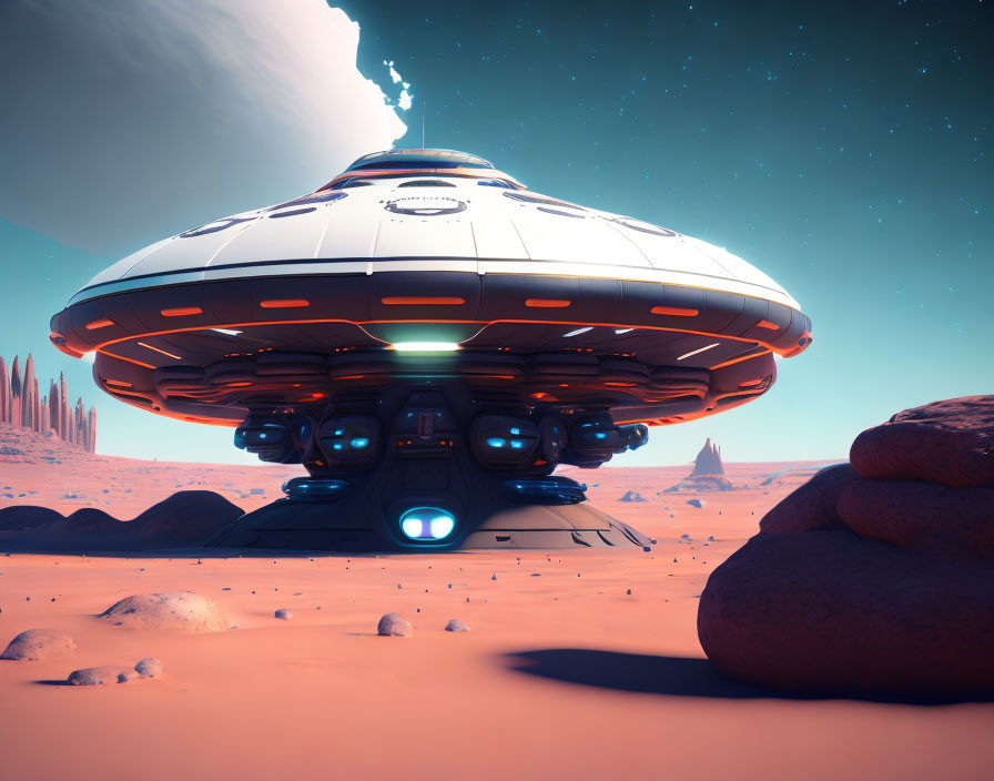 CGI Flying Saucer Spaceship Over Desert Rock Formations