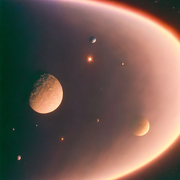 Cosmic scene featuring planets, moons, and sun in starry space