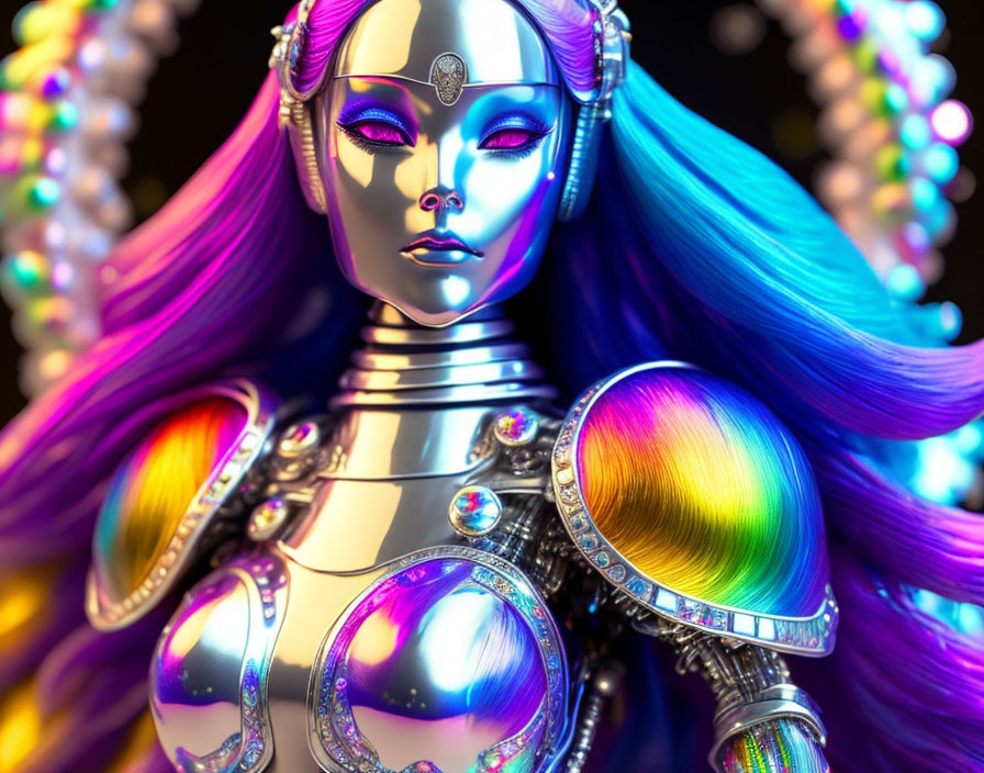 Futuristic robot with humanoid face and iridescent armor