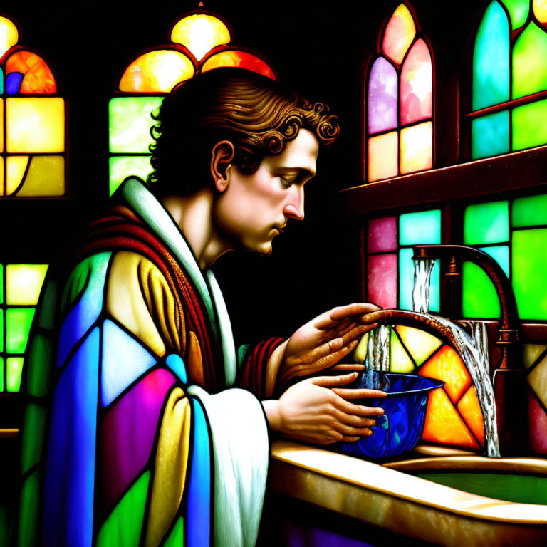 Colorful Stained Glass Window of Haloed Figure Pouring Water