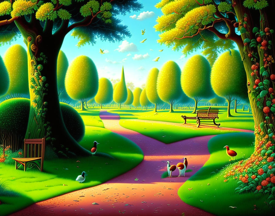 Colorful Park with Whimsical Trees, Winding Path, Benches, and Ducks