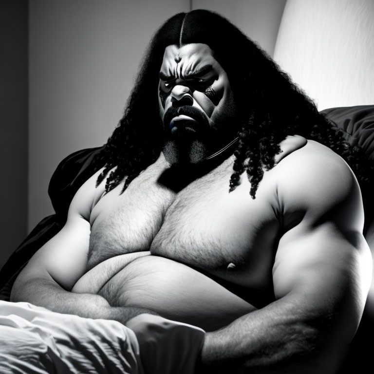 Monochrome photo of muscular man with Kabuki makeup on bed