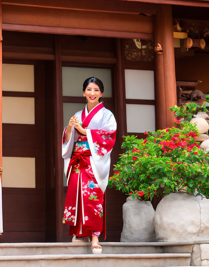 Woman in Vibrant Red and White Kimono by Wooden Door and Green Foliage