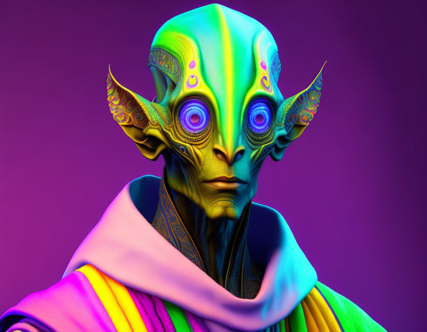 Vibrant alien creature with large eyes and intricate facial patterns