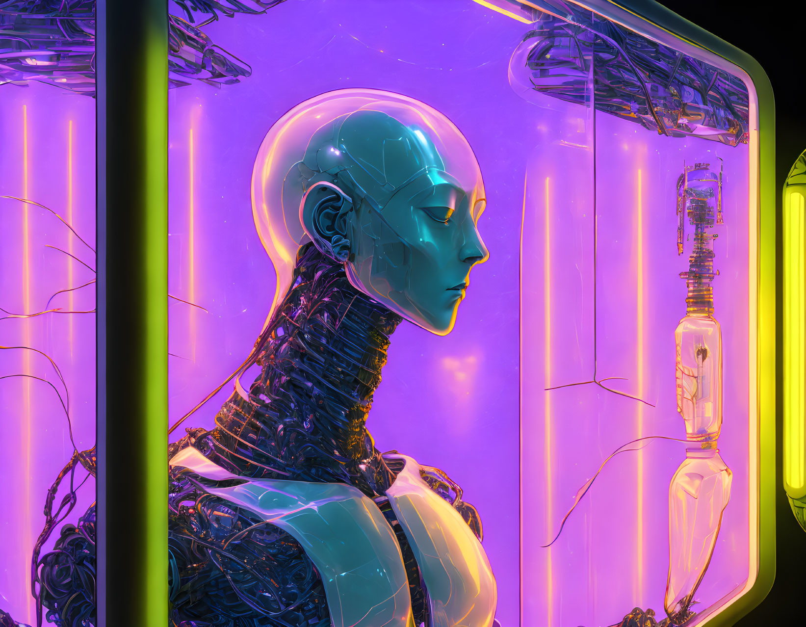 Futuristic android with exposed neck cabling in glowing purple chamber