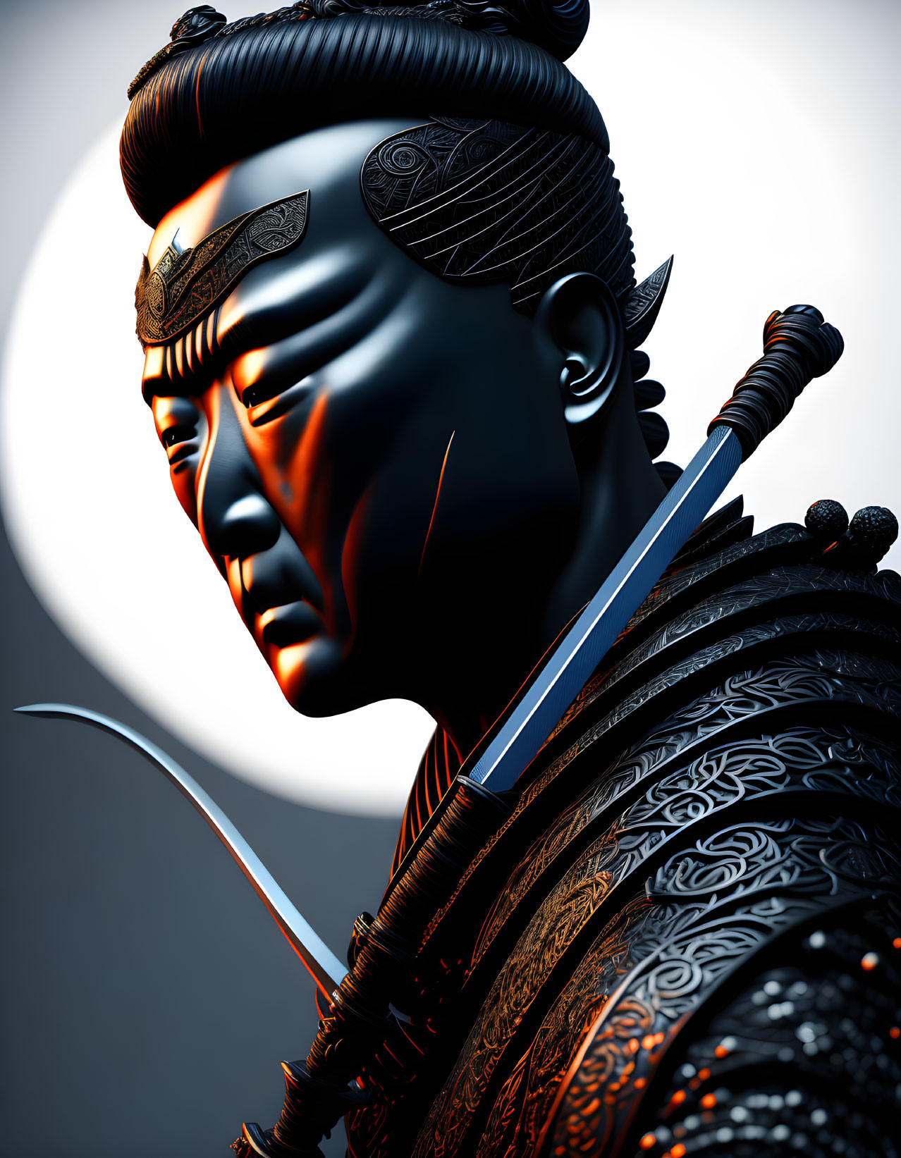 Stylized samurai in ornate armor with katana against moon backdrop