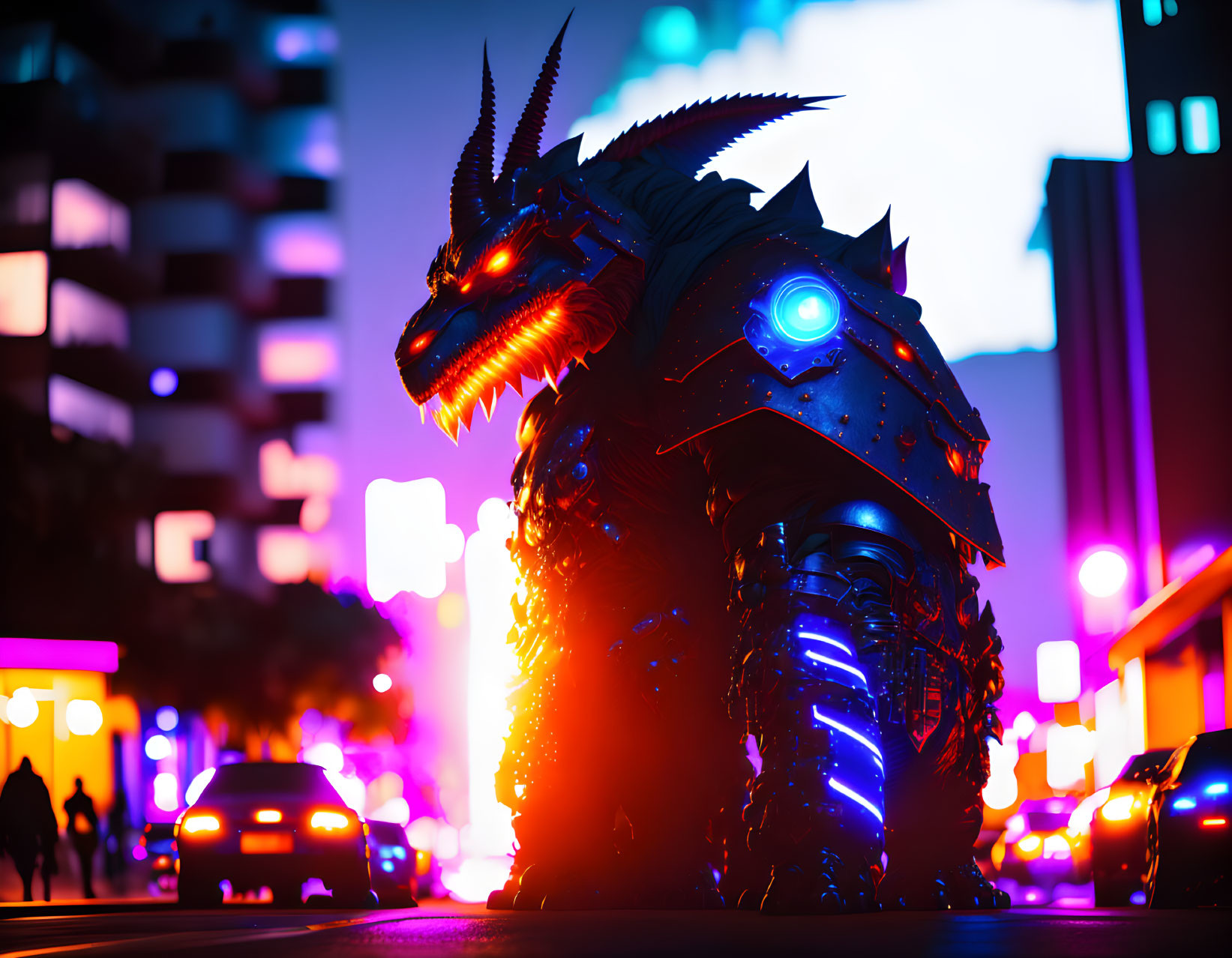 Armored dragon figure in neon-lit urban night scene