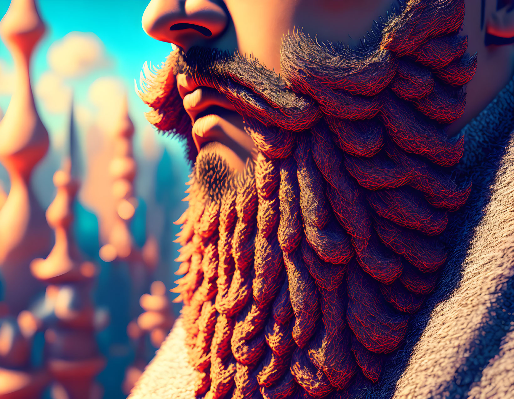 Detailed 3D male character with voluminous red beard on abstract background