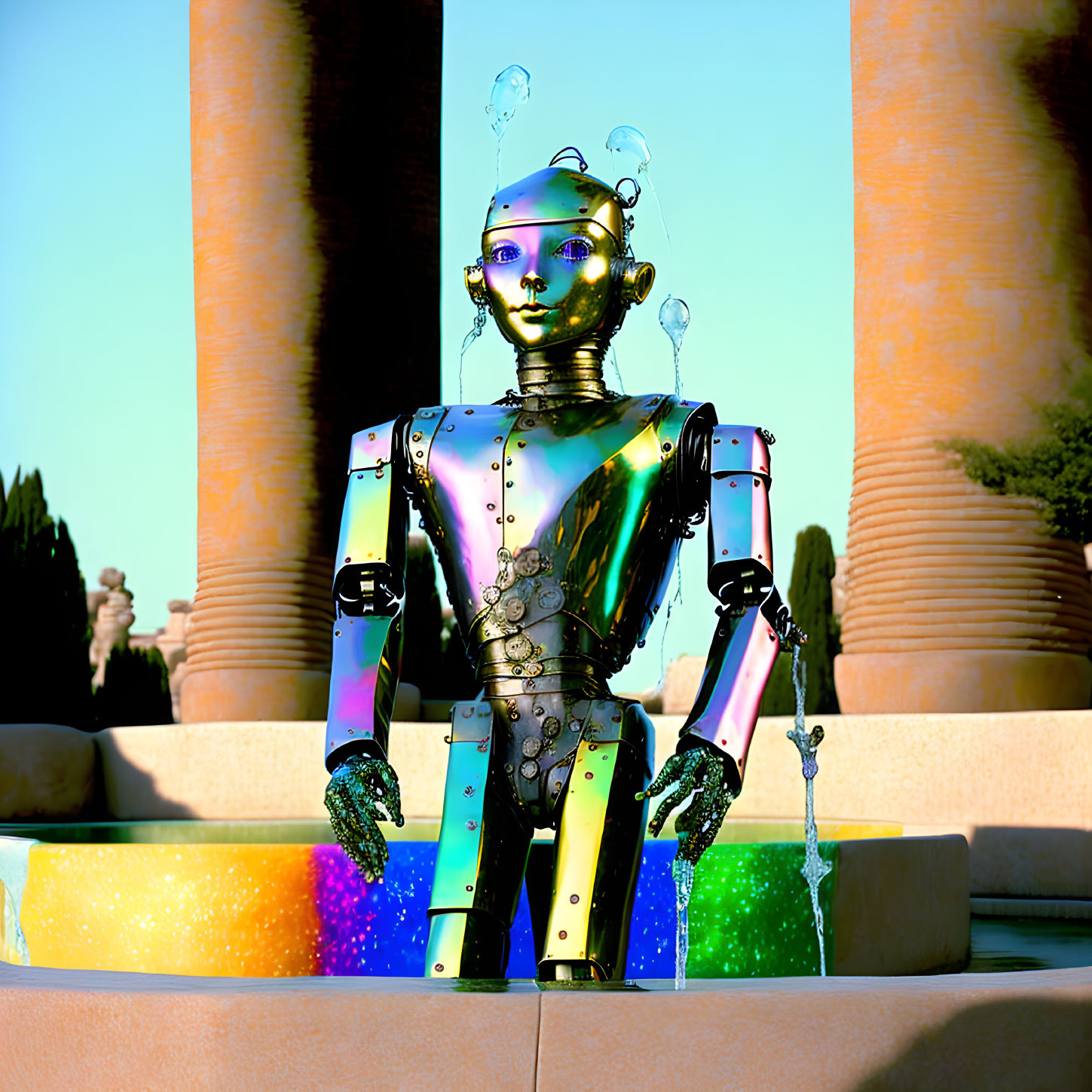 Colorful iridescent humanoid robot by fountain with bubbling water and intricate gears.