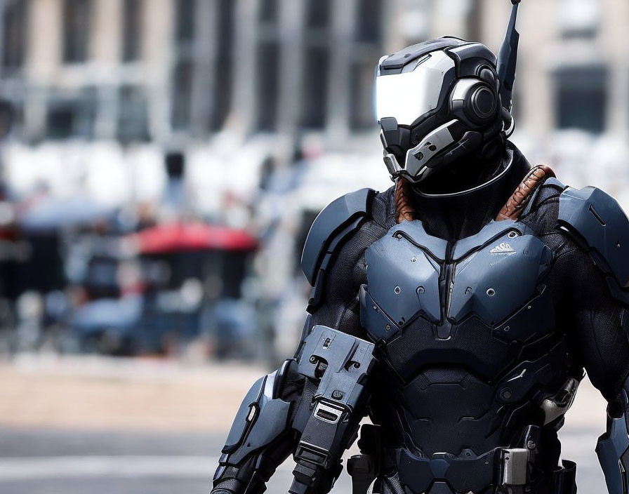 Futuristic robotic suit with helmet and armored torso in urban setting