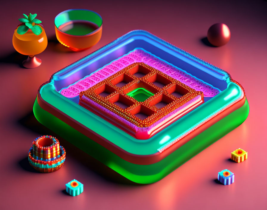 Vibrant 3D-rendered mandala on neon-lit island with geometric shapes