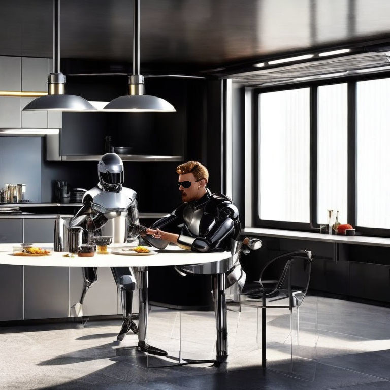 Robot and person in futuristic attire dining at modern kitchen island