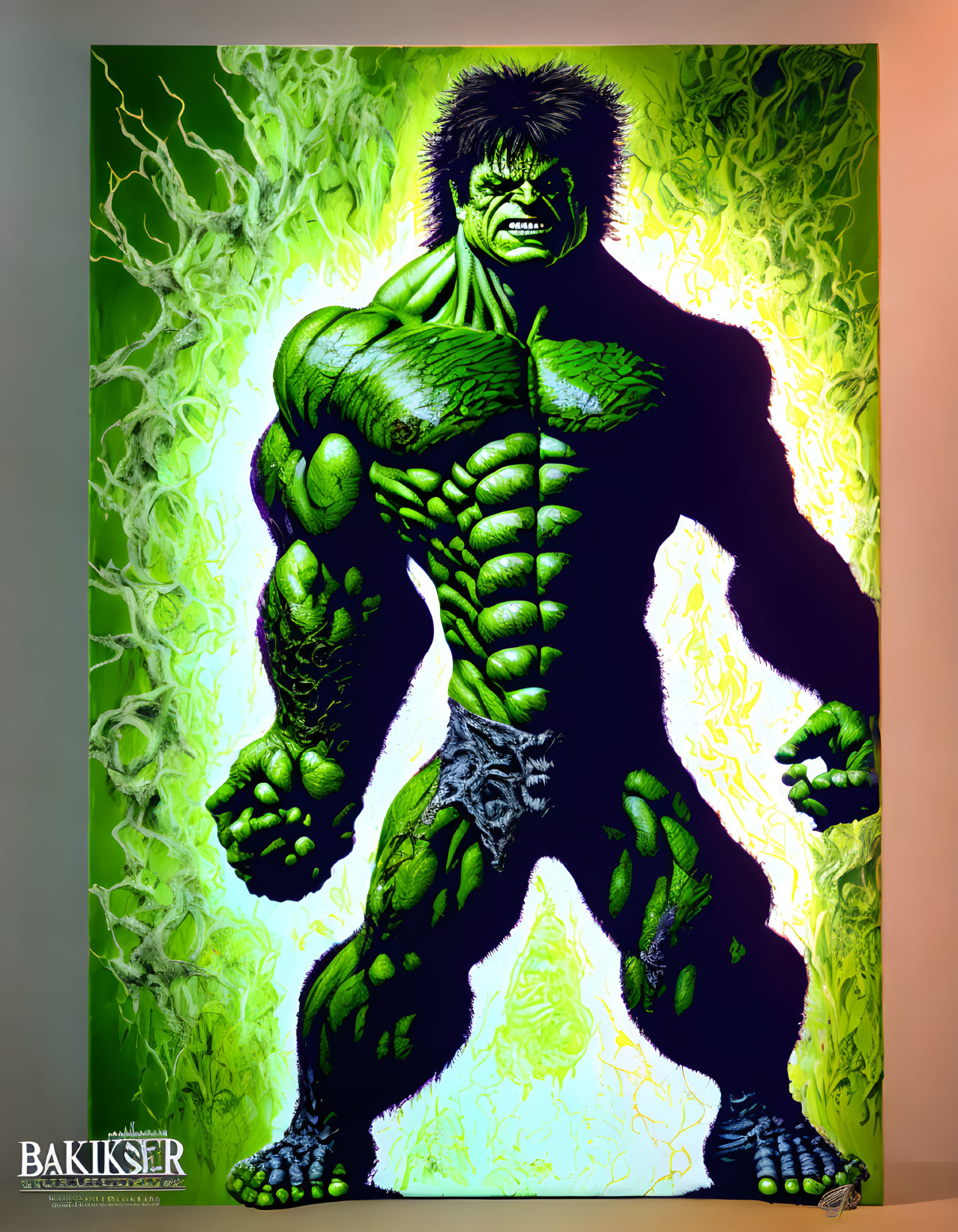 Muscular green-skinned character with intense eyes on electric green background