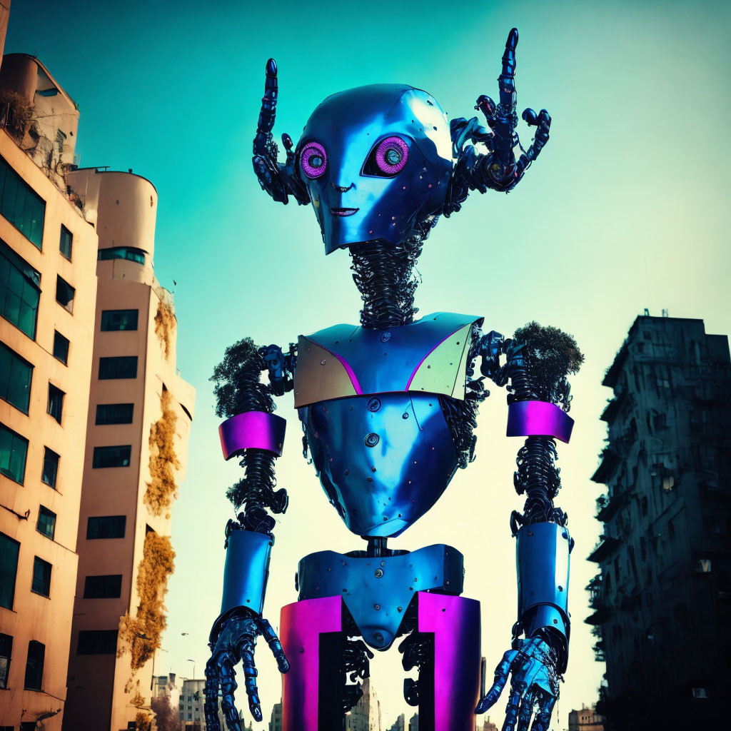 Colorful futuristic humanoid robot in urban cityscape.