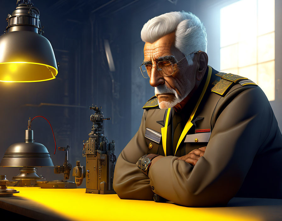 Elderly military officer with white hair at desk with models and lamp