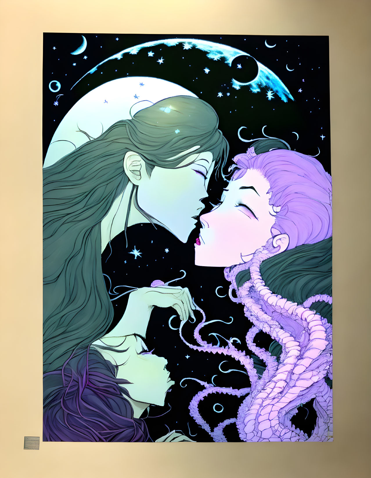 Stylized female figures kissing amidst cosmic elements and tentacled creature in night sky.