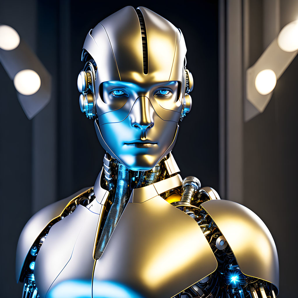 Futuristic humanoid robot with gold-and-silver finish and blue eyes