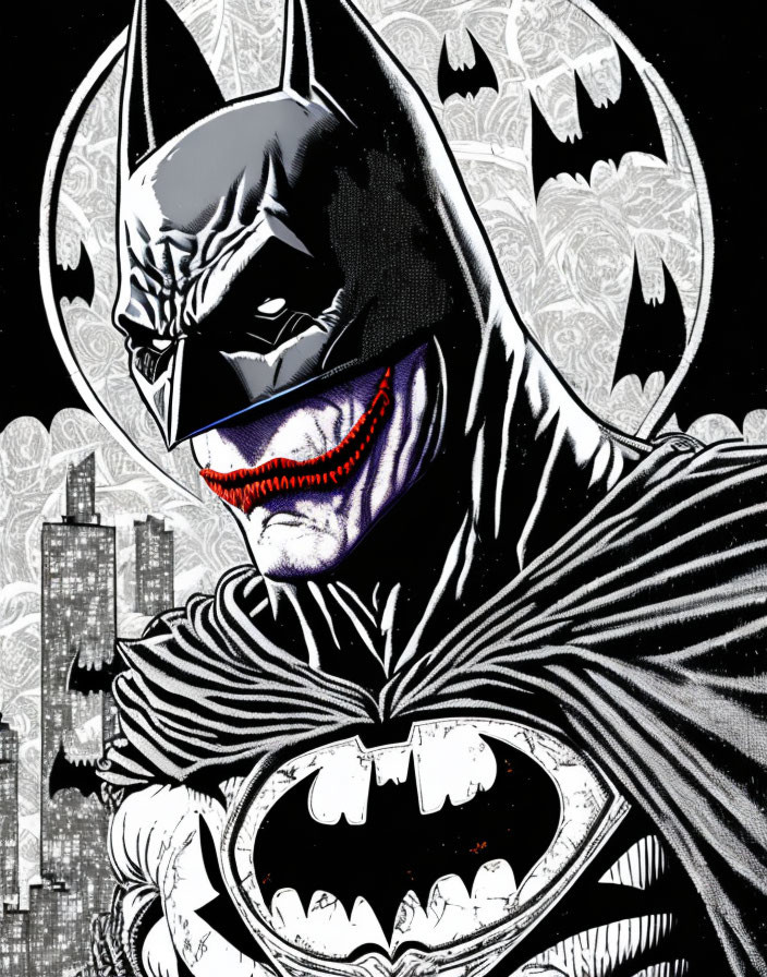 Stylized Batman image with sinister smile on gothic backdrop