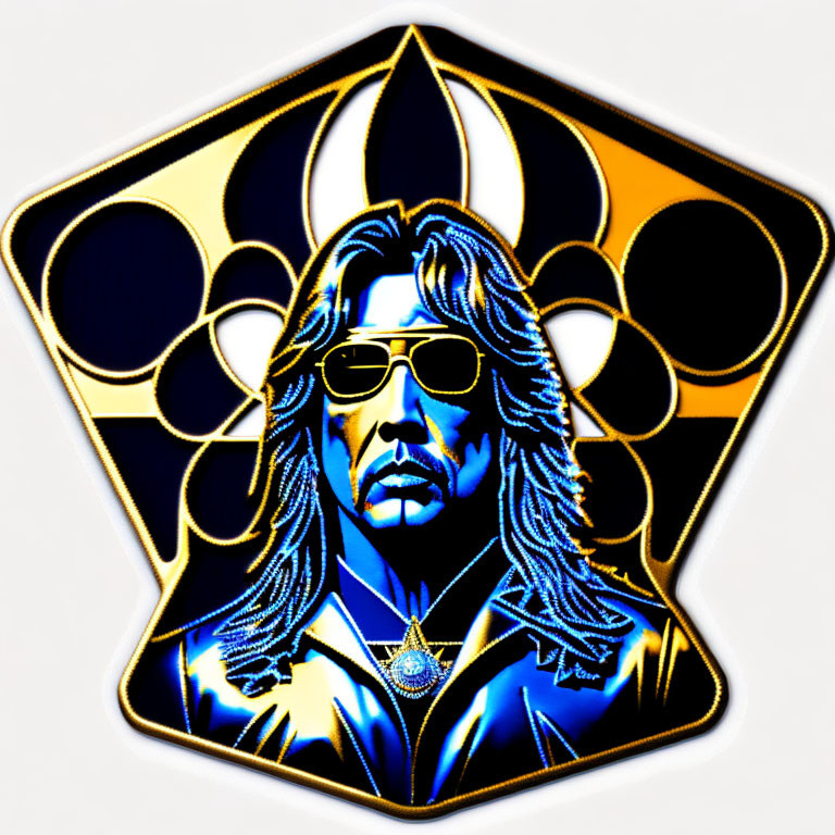 Person with Long Hair and Sunglasses in Blue and Gold Color Scheme with Circular Patterns on Shield Shape