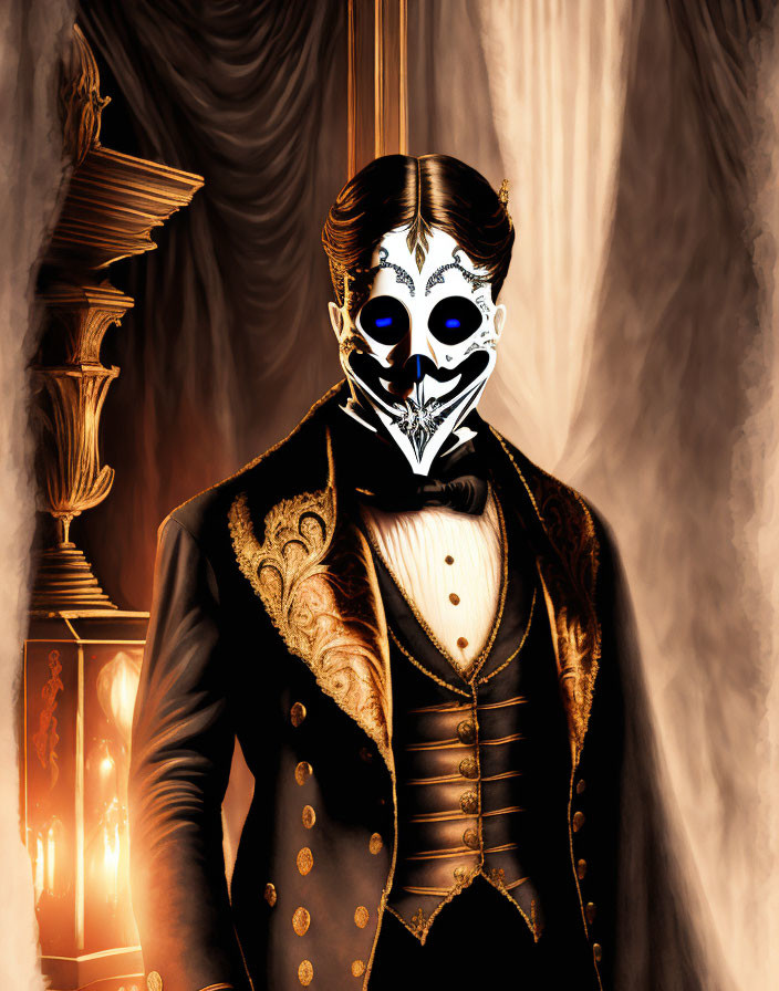 Elegant suit with Dia de los Muertos-style mask in candlelit room