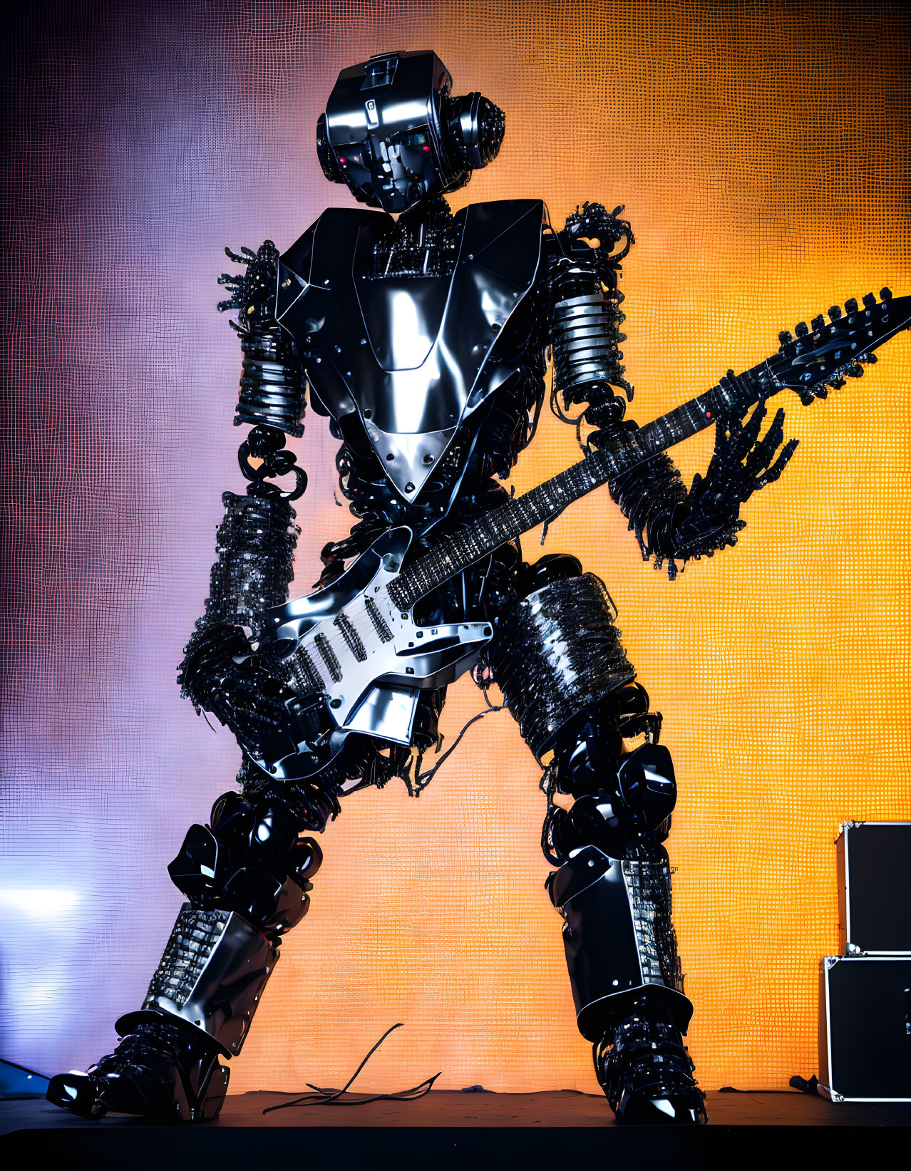 Metallic robot playing electric guitar on vibrant orange stage