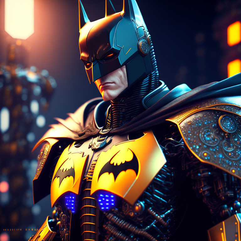 Detailed Futuristic Batman Illustration with Advanced Armor in Blurred Cityscape