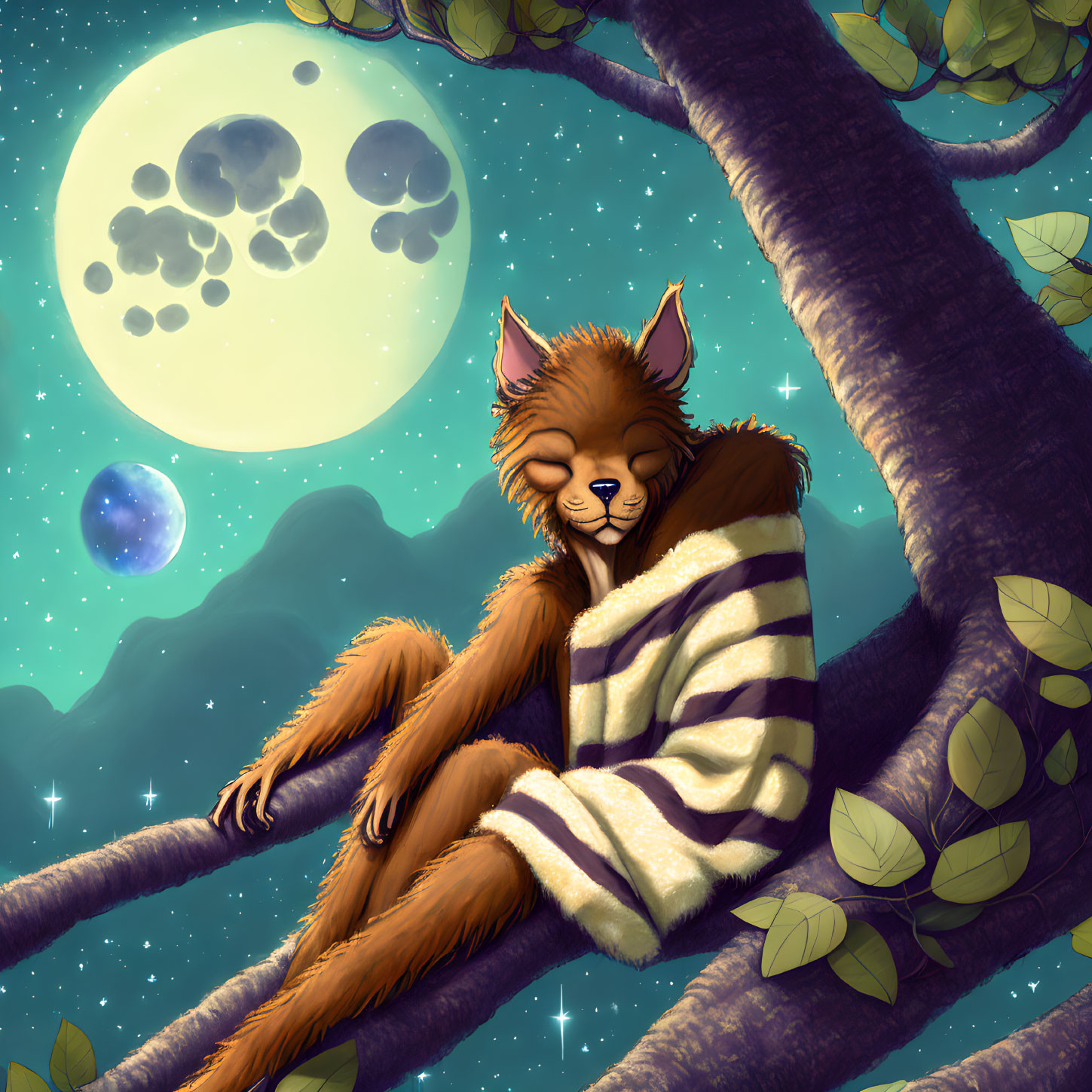 Anthropomorphic fox in striped blanket on branch under dual moons