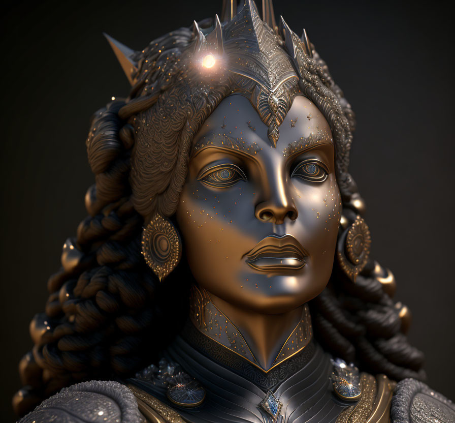 Detailed 3D Rendering: Female Figure with Metallic Skin, Ornate Headdress, Glowing Eyes